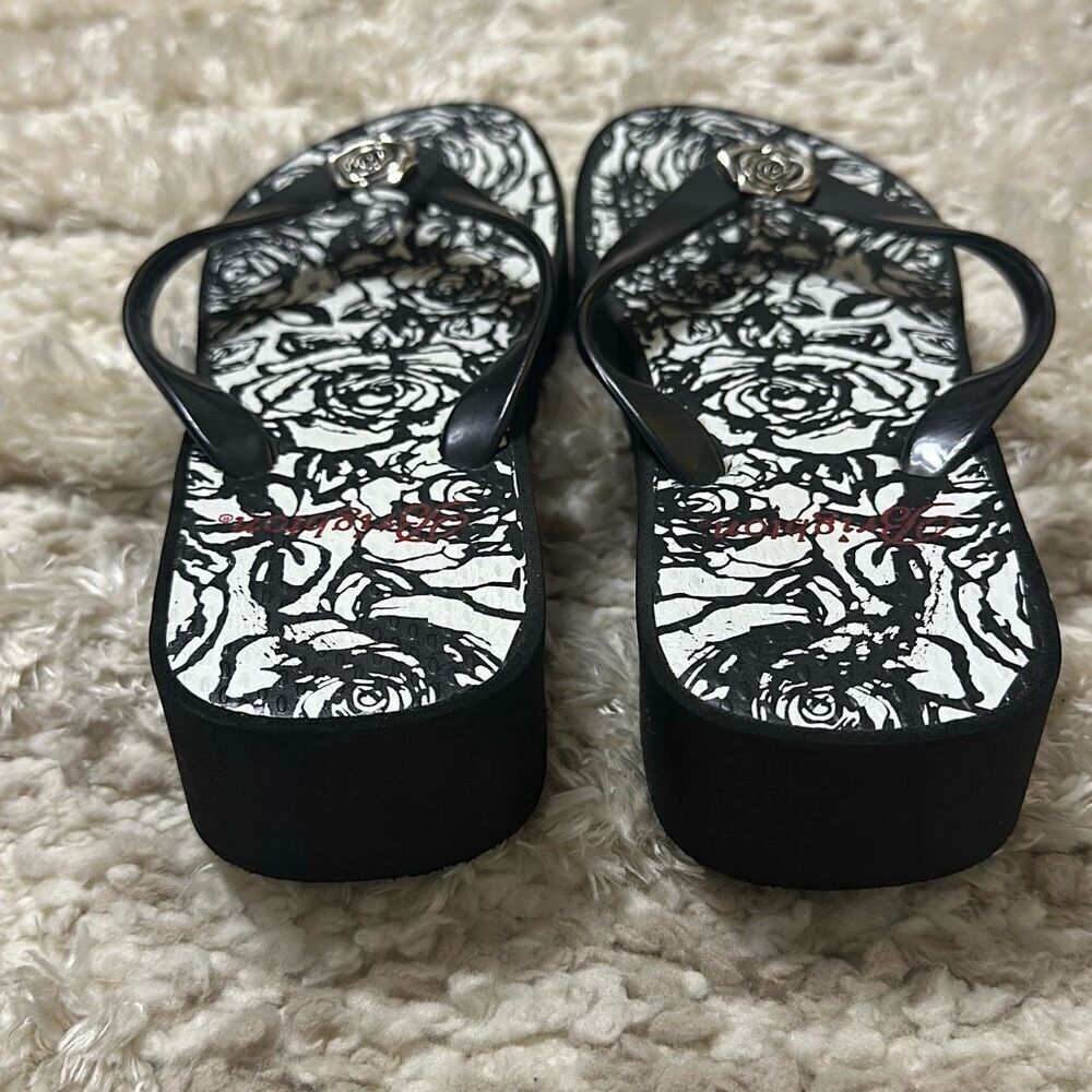 Brighton Malibu Black/White Rose Print Wedge Sandals Women’s Sz 7 - Picture 3 of 11